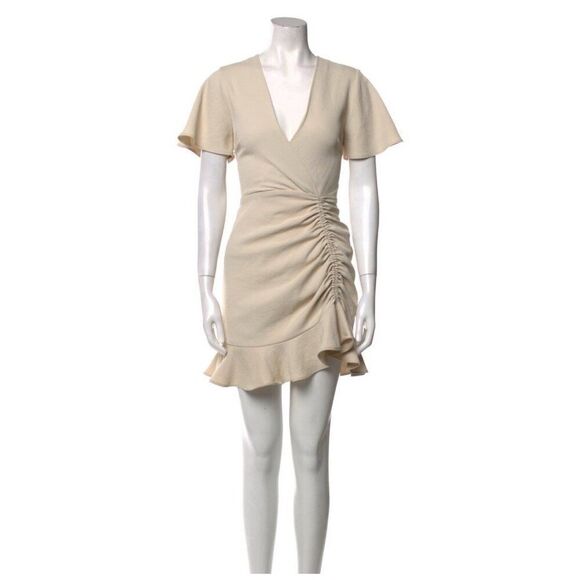 Sandro New Authentic Solid Beige V Neck Short Sleeve Mini Dress 36 Small $360 - Picture 1 of 10